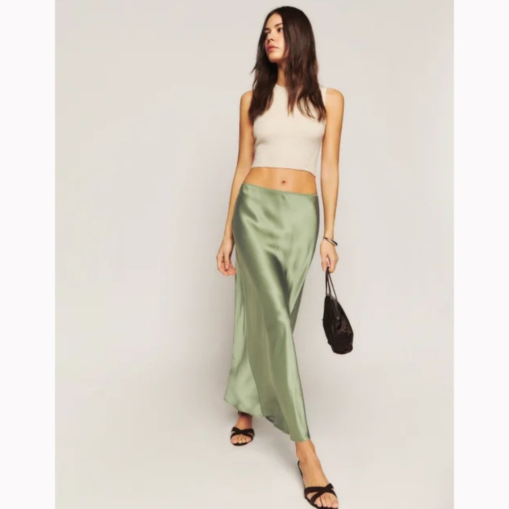 NWOT Reformation Layla Silk Skirt in Artichoke Olive Green